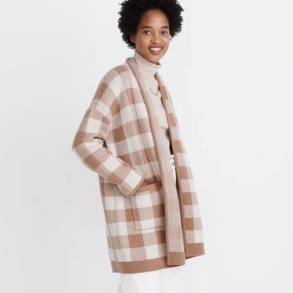 Madewell Minetta sweater coat in tan buffalo check